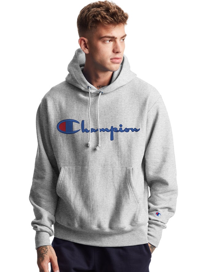 Champion Mens Hoodie NZ - Reverse Weave Vintage Script Logo Grey ( 9145-KFXLV )